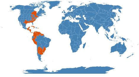 Distribution map for Azolla caroliniana